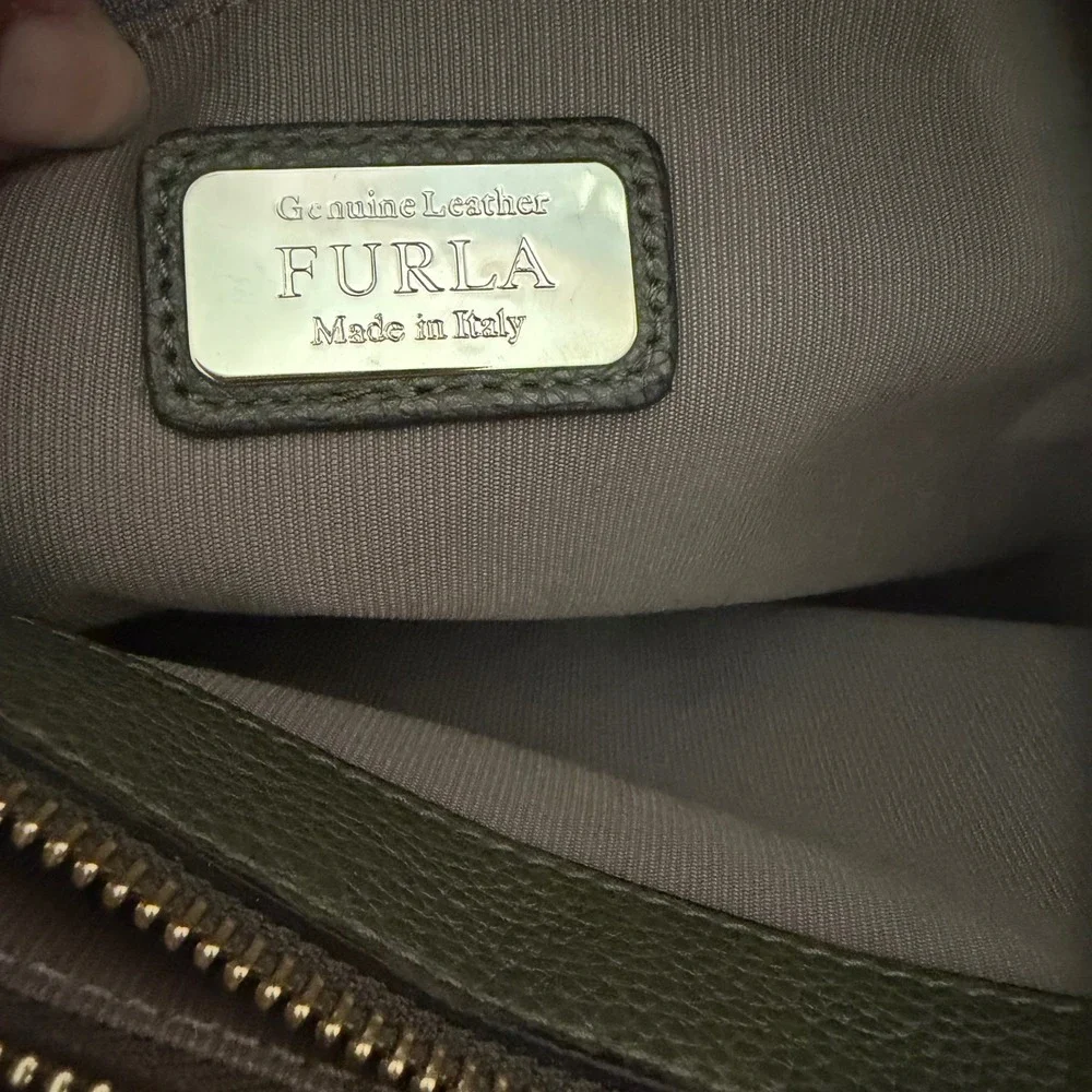 🔵 Furla Olive‎ Green Pebbled Leather Tote Bag Gold Hardware Shoulder Italy